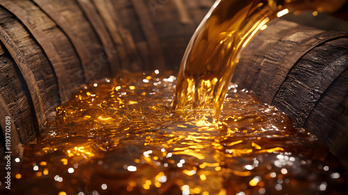 A whiskey barrel abstract with liquid pouring in golden streams forming ripples that reflect warm amber tones.