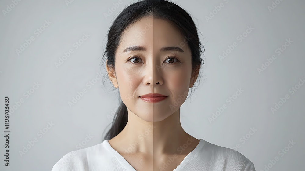 Before and after Healing and removing spot melasma pigmentation facial treatment. Problem facial skin on middle age beauty Asia woman skin Cosmetology therapy concept. Headshot isolated on white. Befo Before and after Healing and removing spot melasma pigmentation facial treatment. Problem facial skin on middle age beauty Asia woman skin Cosmetology therapy concept. Headshot isolated on white. Befo