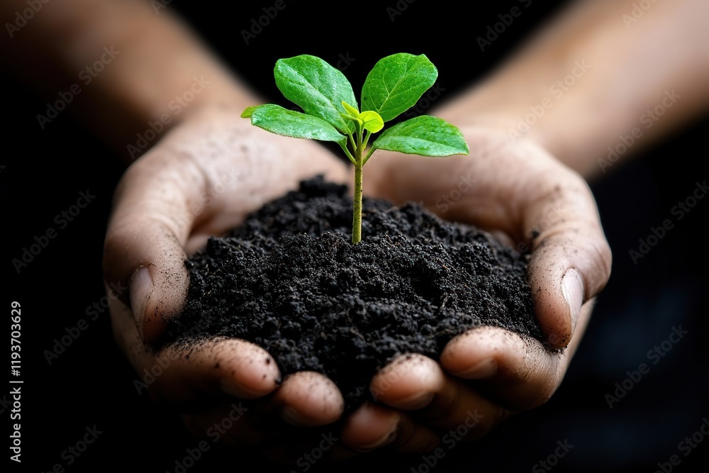 Male hands taking care of small tree sapling Male hands taking care of small tree sapling