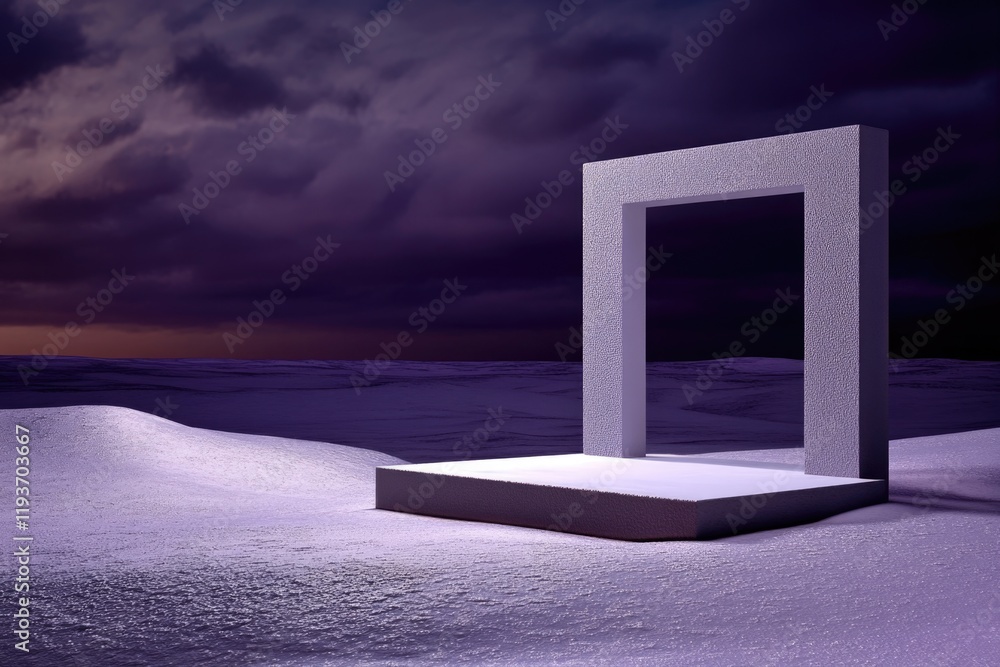 Surreal cube portal on snowy landscape under purple twilight sky Surreal cube portal on snowy landscape under purple twilight sky