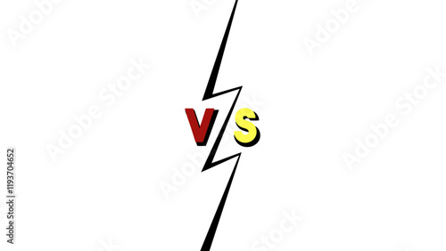Versus concept, bold toon style: a screen, split in two parts (red, yellow) separated by isolated lightning shape with the text VS.

