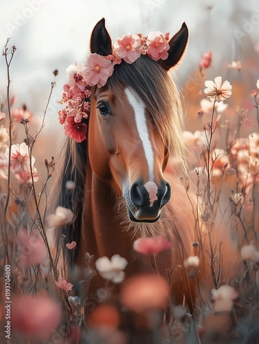 Elegantes Pferd mit Blumenkranz in romantischer Frühlingslandschaft photo