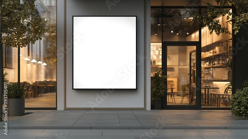 A blank white sign mockup for a restaurant or shop, presented as a large billboard-style banner on the faÃ§ade of a storefront photo