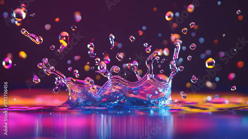 Water droplets bouncing off one another mid-air in a weightless environment sparkling with light. photo