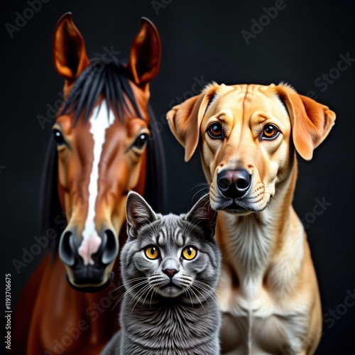 Close up portrait of horse dog, cat. Animals look at camera. Pets together in studio shot against dark background. Seem friendly, cute. Possible themes for image family pet animal friends, photo