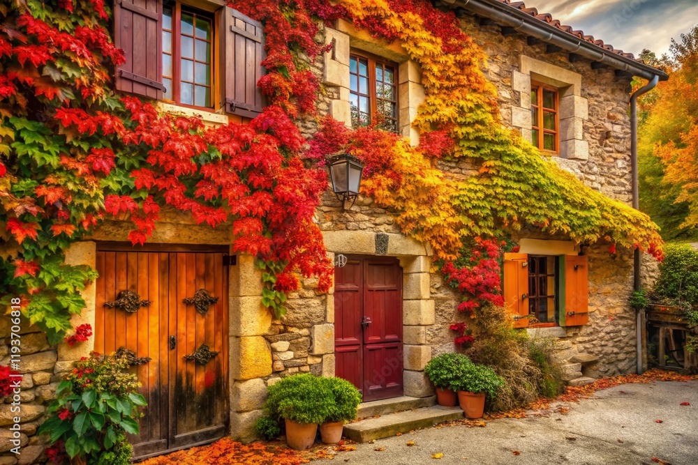 Naklejka premium Rustic Autumn Country House: Red & Green Vine Decorated Stone Wall Stock Photo