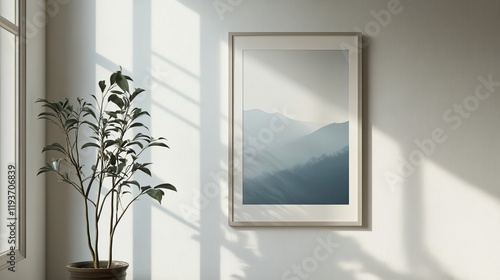 A simple minimalist frame mockup poster displayed on a white wall, accented by plant decor. Dimensions include 50x70, 20x28, and 20RP, with light and shadows cast from a nearby window photo