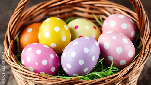 Easter wicker basket filled with brightly colored easter eggs in polka dots on green grass. The traditional symbol of Easter is a basket with eggs. photo