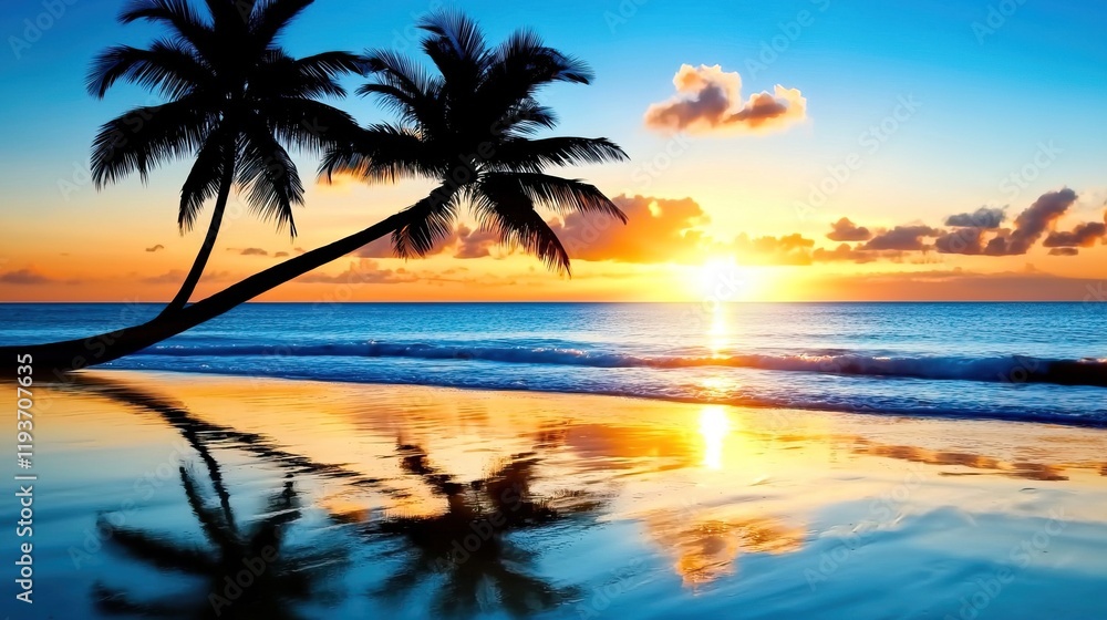 Obraz premium Bright Sunset with Palm Tree Silhouettes Reflecting on Calm Water, Sunset palm trees silhouettes on tropical beach concept.