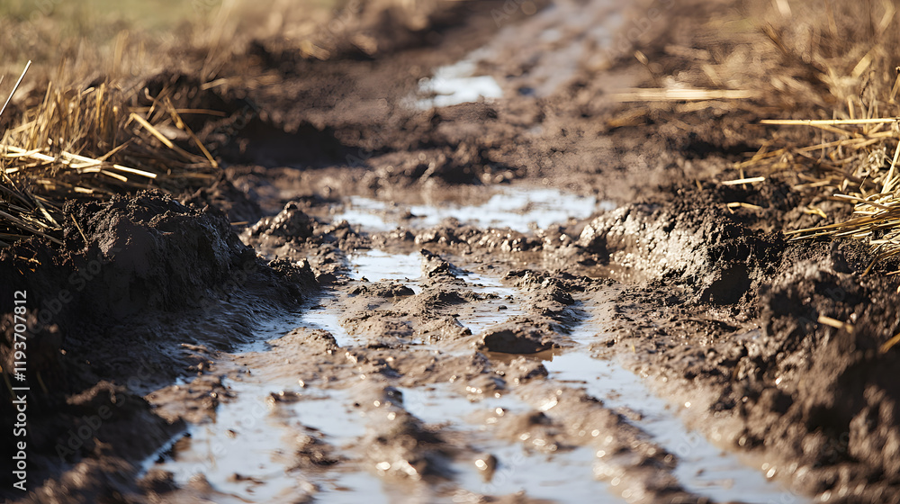 A cheeky pig with its tongue out standing in a muddy pen with straw scattered around.