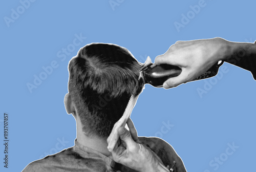 close up of barber hand cutting client hair with electric razor pixelate grayscale color halftone dotted texture style collage element isolated on blue background