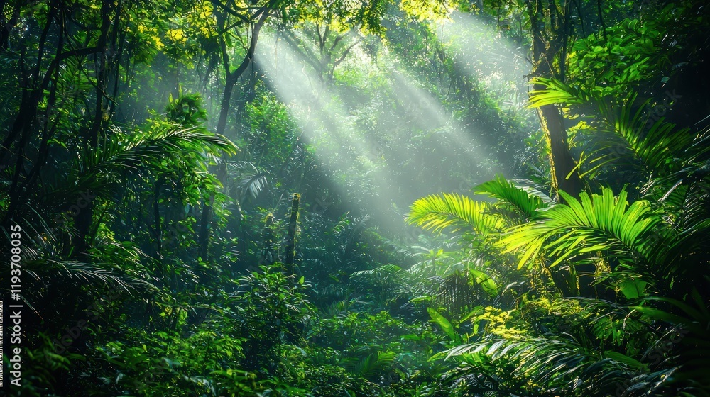 Sunbeams illuminate lush green rainforest foliage. Sunbeams illuminate lush green rainforest foliage.