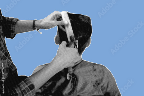 close up of barber hand trimming customer's hair pixelate grayscale color halftone dotted texture style collage element isolated on blue background