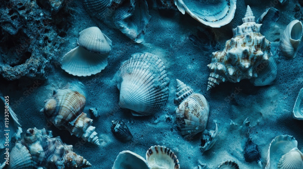 Seashells on blue sand, top view. Seashells on blue sand, top view.