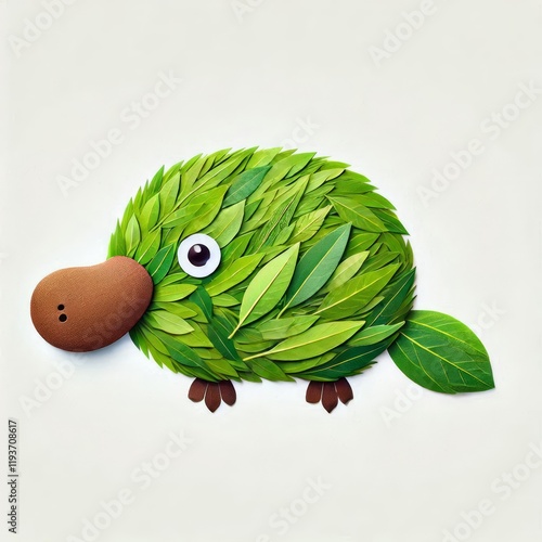 Leafy Platypus Art: A whimsical flat animal design created with carefully arranged leaves and decorative elements photo