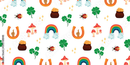 Good luck seamless pattern with horseshoe, crossed fingers, four leaf clover, ladybug, rainbow, pot of gold coins and fly agaric mushroom. Colorful vector background for printing on fabric and paper.