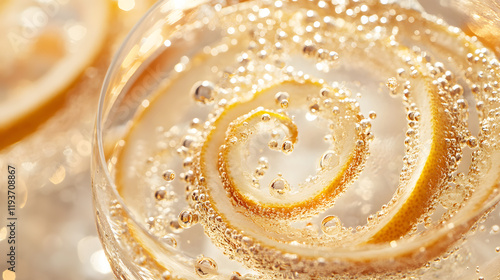 An artistic gin and tonic abstraction with effervescent bubbles forming spirals and citrus peels glowing in golden light.
