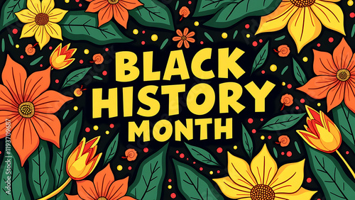 A colorful illustration for Black History Month 2025, featuring vibrant floral designs, geometric patterns, autumn colors, and yellow/gold text on a warm background with cultural celebration motifs. photo