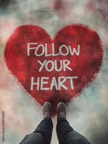 Inspirational follow your heart message with red heart design. Love theme heartfelt inspirational quote in a urban grungy setting. photo