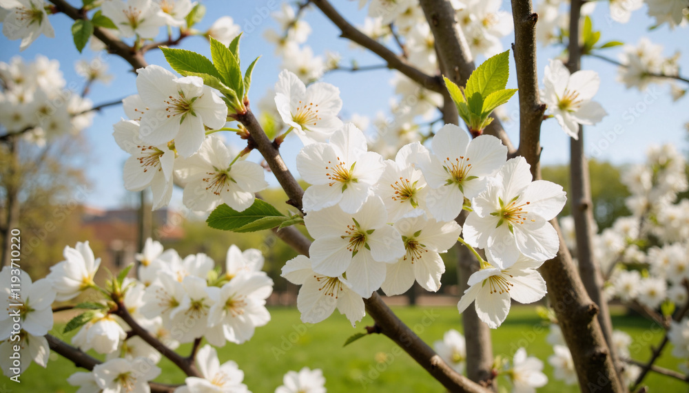 Fototapeta premium White cherry blossoms blooming on tree branches in springtime park 