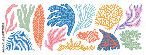 Aquarium, ocean and undersea seaweeds and corals icon set. Hand drawn minimal style branches and sea plants.