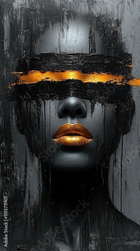 Navy Blue-Grey Abstract Painting: Modern Minimalist Portrait with Gold Lips in Cubism Style