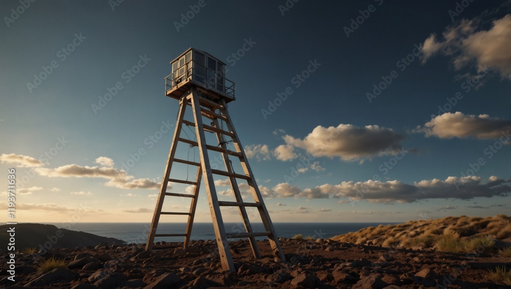Naklejka premium Lifeguard tower stands tall on rugged coastal terrain during sunset amidst colorful clouds