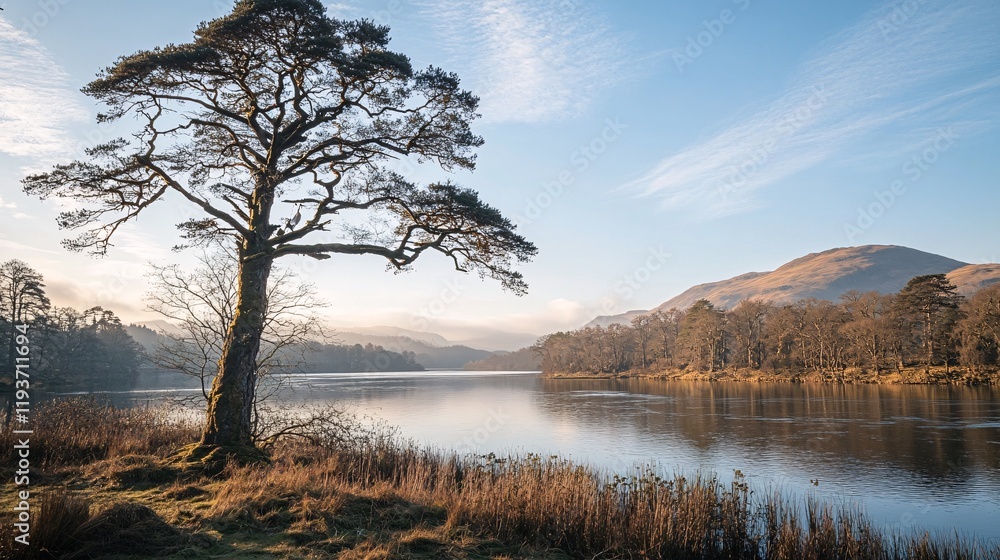Fototapeta premium Solitary Tree by Calm Lake at Dawn