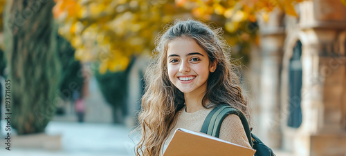 Happy young woman with long hair, carrying a backpack and books, strolling through a sunlit urban setting, radiating an optimistic and scholarly vibe photo