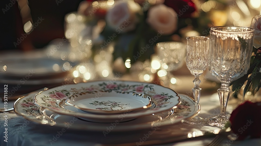 Fototapeta premium An elegant table setting with fine china, crystal glasses, and floral arrangements for a prom dinner.