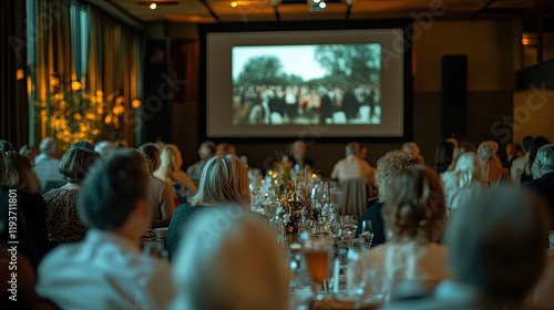 An elegant slideshow setup displaying memorable moments from a career, surrounded by attentive guests.