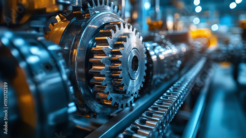 Engineering machinery mechanism, industrial gear or cogwheel technology engine equipment, factory business manufacturing design concept, steel transmission part connection.