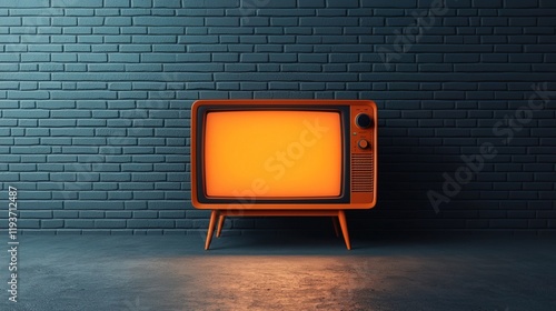 Retro TV with Glowing Screen Against Industrial Brick Wall, Retro tv with brick wall concept. photo