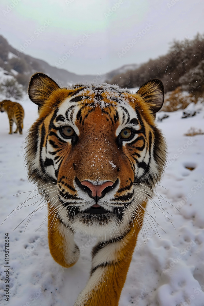 Obraz premium A tiger walking through the snow in the snow