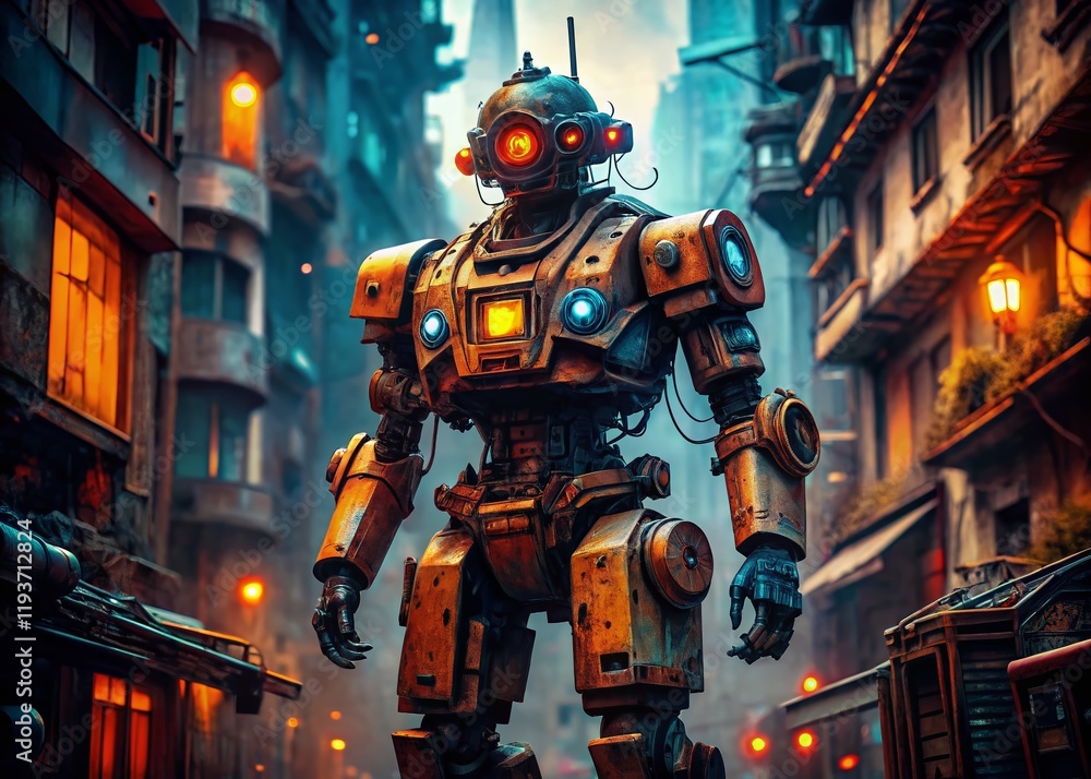 Rusty Orange Mech Glowing Eyes Urban Cityscape Stock Photo Rusty Orange Mech Glowing Eyes Urban Cityscape Stock Photo