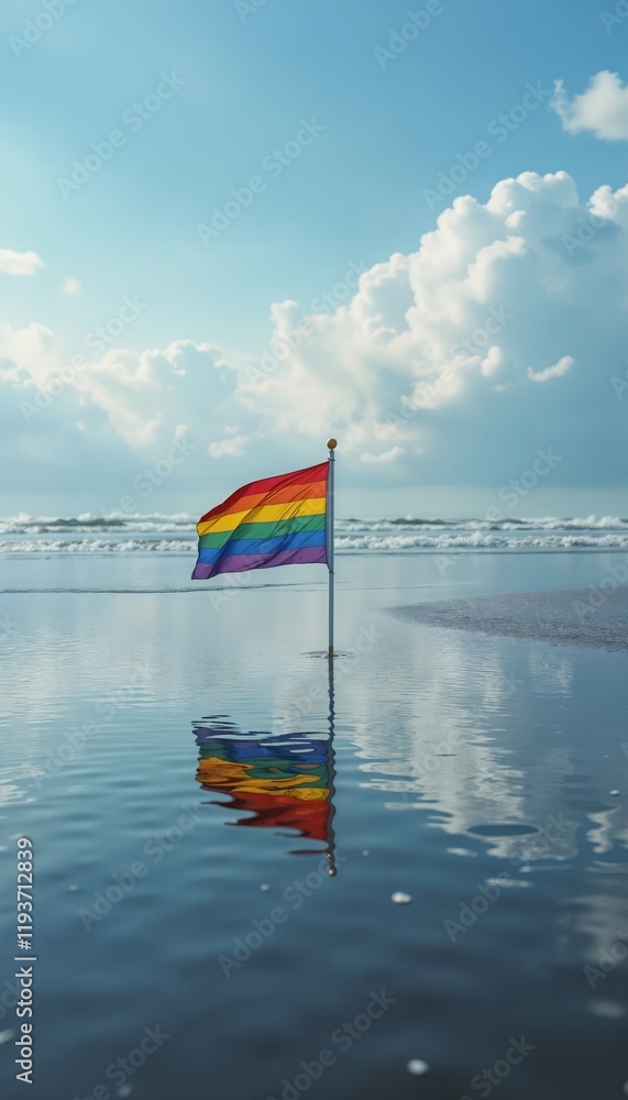 Fototapeta premium Rainbow flag standing in water with reflections and cloudy sky.Pride Month, event promotion, LGBT celebration.Diversity and pride. Unity. Standing for equality.