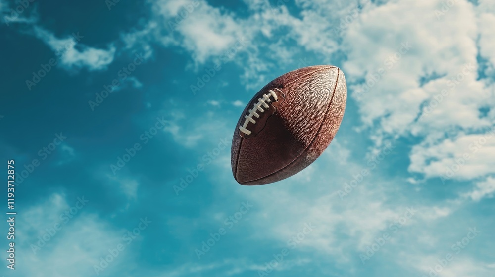 An action shot of a football soaring through the air against a blue sky. An action shot of a football soaring through the air against a blue sky.