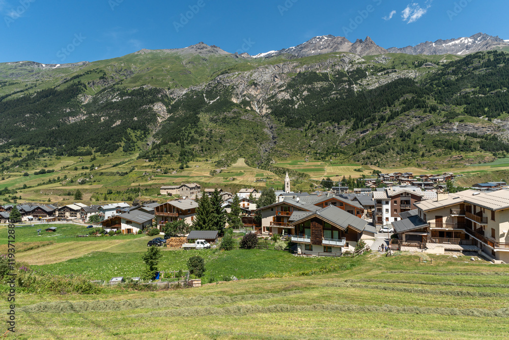 Naklejka premium View of Lanslebourg, an alpine village in Maurienne Valley near Col du Mont Cenis, Savoie, France