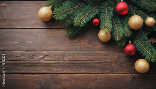 Christmas New Year decoration composition. Top view of fur-tree branches and balls frame on wooden background