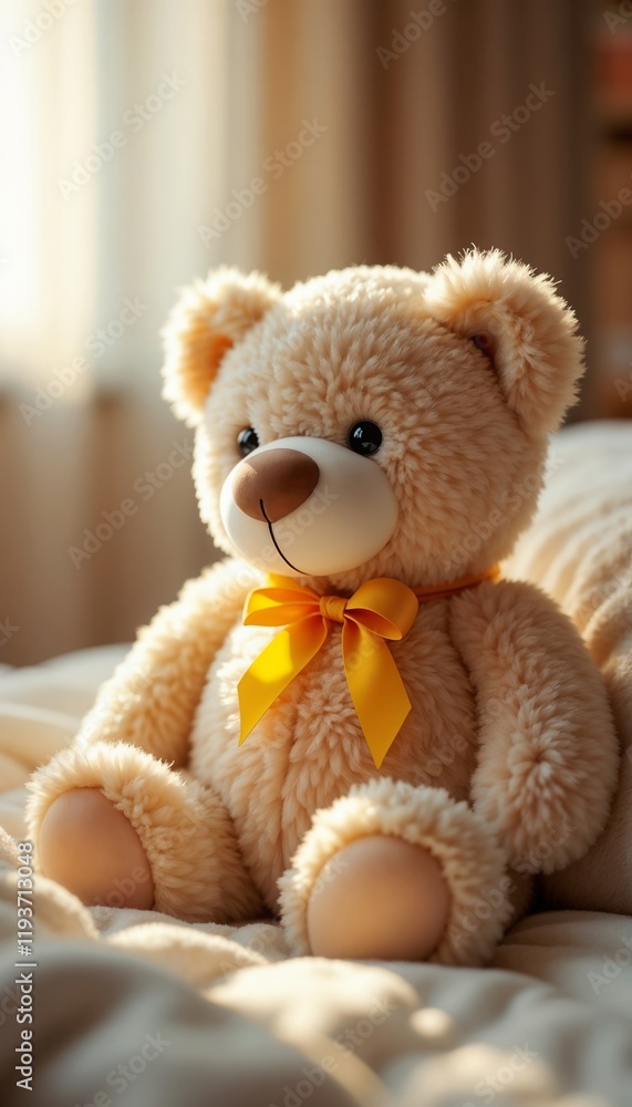Teddy bear with yellow bow sitting on soft surface in cozy room.children's support, therapy, mental health awareness, psychological assistance.Emotional healing for children. Psychological support con Teddy bear with yellow bow sitting on soft surface in cozy room.children's support, therapy, mental health awareness, psychological assistance.Emotional healing for children. Psychological support con