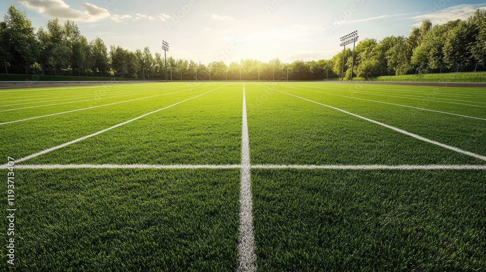 Fototapeta premium A well-maintained sports field with goalposts, track lines, and lush green grass under a clear sky