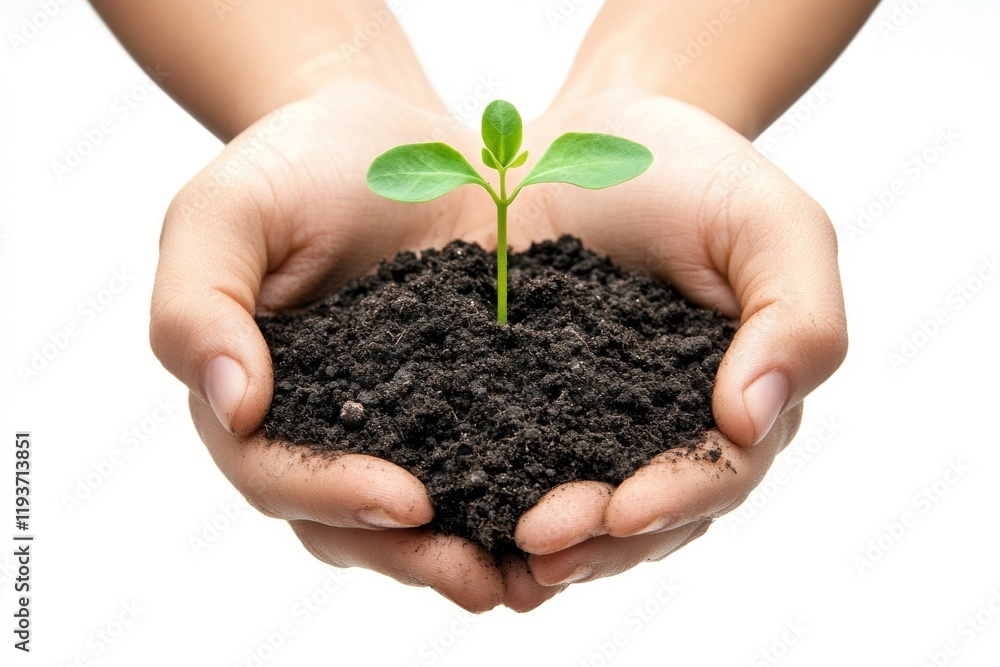 Hands holding soil with green seedling Hands holding soil with green seedling