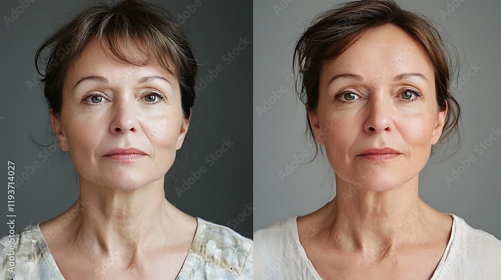 Face and neck skin care in adulthood. Before and after Portrait a woman after 60 years old before and after lifting, facebuilding, application creams, and other cosmetic procedures for mature skin car