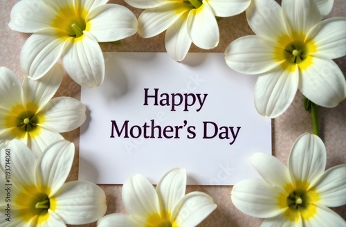 happy mother day text with beautiful bouquet of white roses on a white wooden background