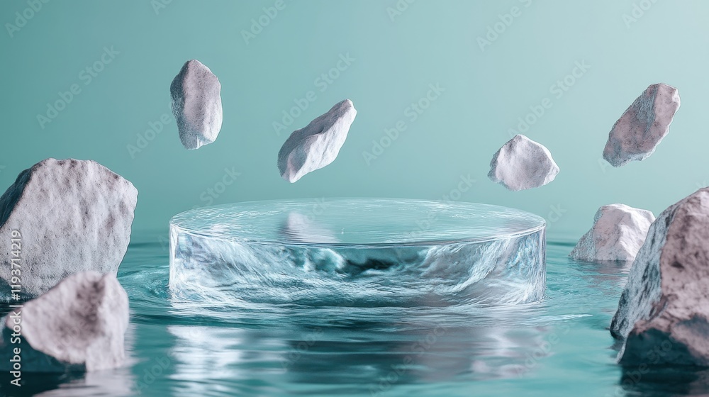 Naklejka premium Surreal floating rocks and water disc in a tranquil abstract scene