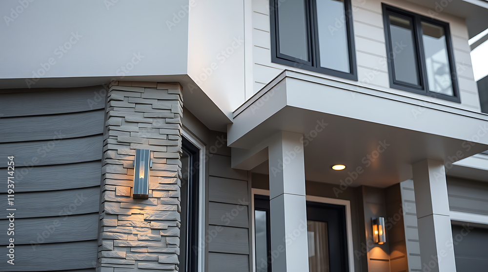 Fototapeta premium Modern House Exterior: Contemporary Home Architecture Design. Luxury Real Estate Property with Stunning Facade and Architectural Details.