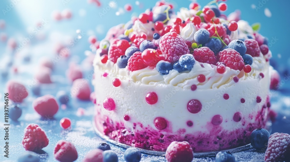 A vibrant ice cream cake decorated with fresh berries and whipped cream. A vibrant ice cream cake decorated with fresh berries and whipped cream.