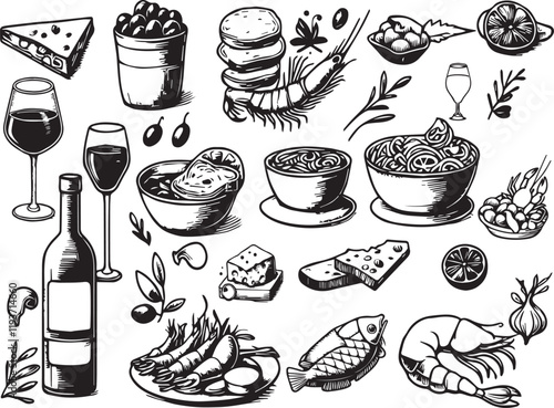 Hand drawn crayon food illustration. Breakfast, lunch doodle icons. Vector of wine glass, seafood, greek olives and cheese Illustrations for invitations, menus and parties. La dolce vita italian style