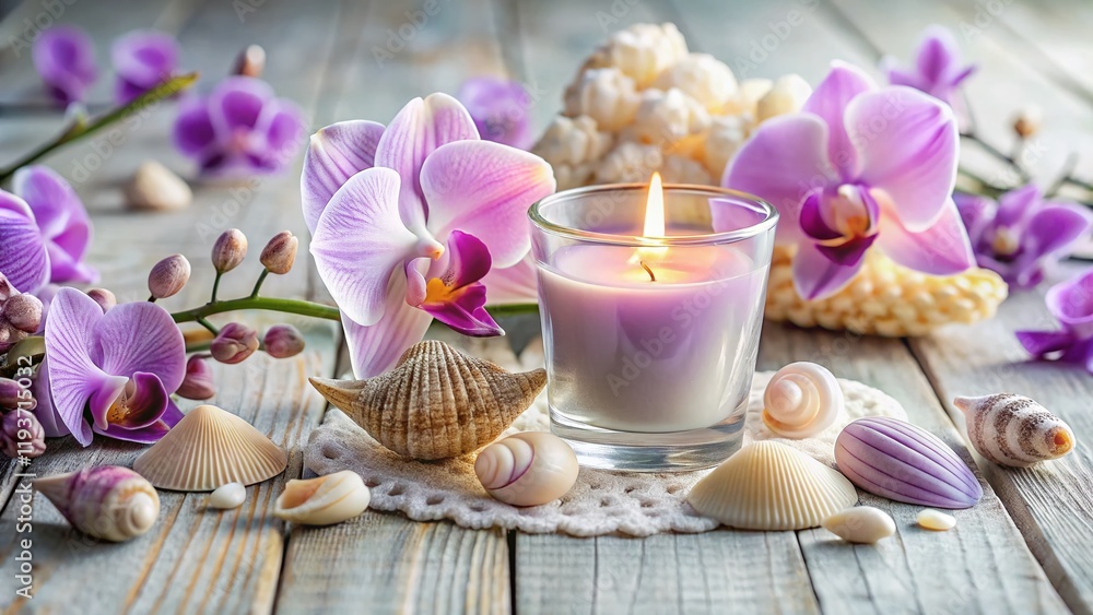 Seashells, Lavender Candle & Orchid: Relaxing Spa Still Life Photography