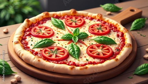 Traditional pizza with tomato sauce, cheese, and basil on a wooden board.Italian flavors. Authentic pizza experience. Classic comfort food.restaurant promotions, food ads, and menu designs.

 photo